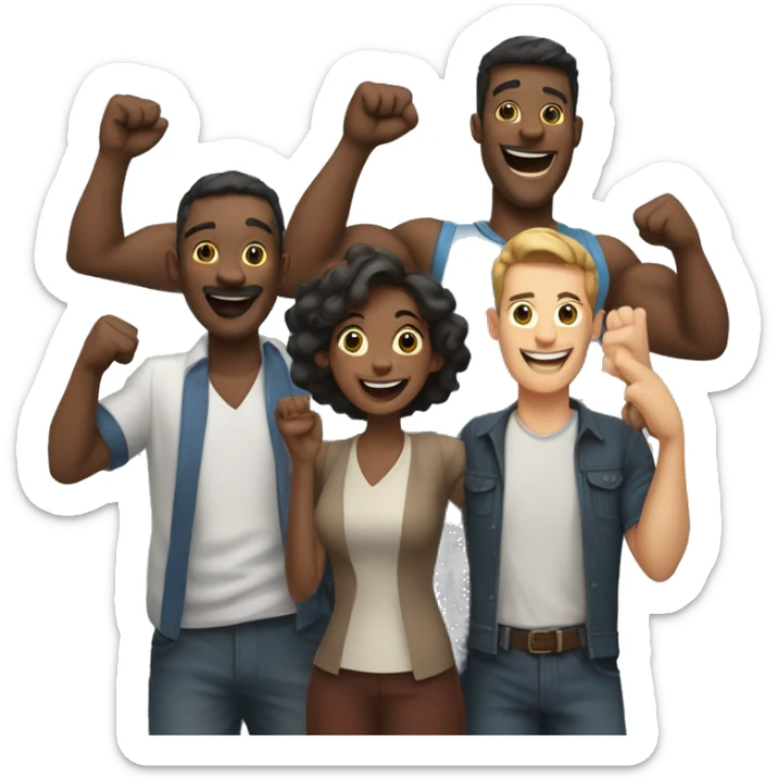 3 friends celebrating, 2 men and 1 woman, some of them with their arms raised sticker