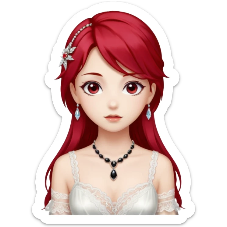 Beautiful shiny Gorgeous Anime Lady with dark hair and red hair streaks with a beautiful white silky lace dress and rubies and onyx gems  sticker