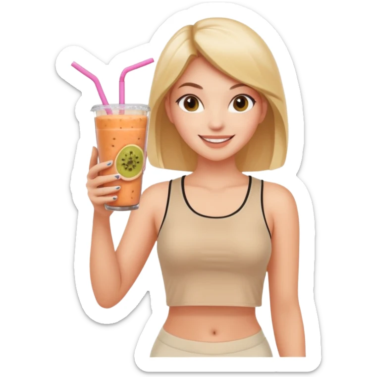 a young woman in a beige top and leggings and white sneakers with a passion fruit smoothie in one hand and a salmon poke bowl in the other hand sticker