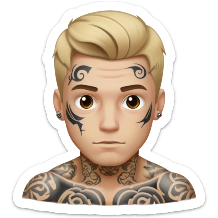 White guy with dirty blonde hair filled with tattoos all over his body  sticker