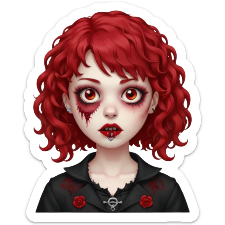 zombie girl red hair cacheado médio e franja, com piercing na boca(labret lateral), roupa gótica  sticker