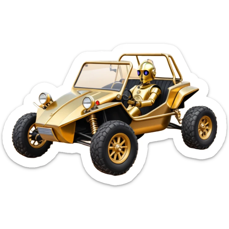 Old American West tarnished neon underglow C-3PO bounty hunter 1964 delicately ornate rosegold wood accents painted dune buggy buckboard powered by electric motors and batteries with safety and belts flying rapidly roughening terrain stable on strong agile advanced suspension and steering sticker