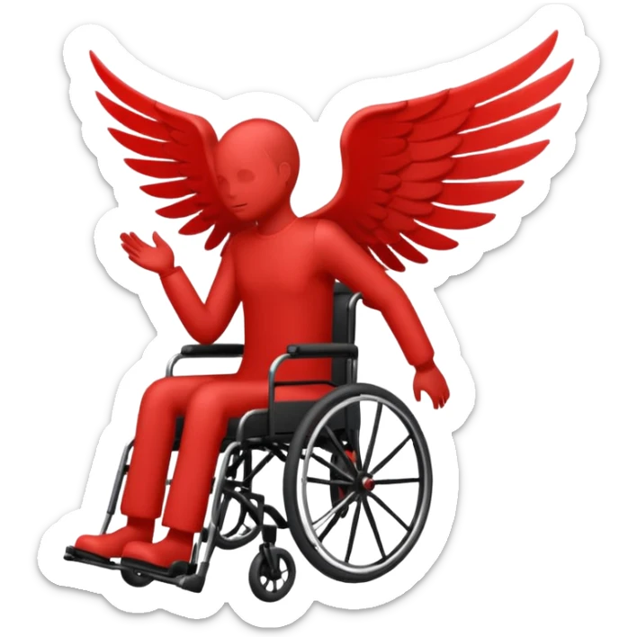 "Red silhouette of a person in a wheelchair with a wing on the left shoulder, clean lines, minimalist emoji" sticker