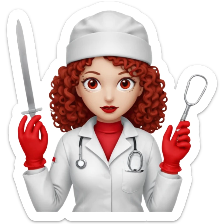 Scary woman scalpel in hand, evil surgeon sexy surgeon clothes.  She has red eyes. Her  brown long curly hair. Wears sexy doctor outfit with red gloves. make her wear red ski mask  to hide. Wears white surgeon jcketneb sticker