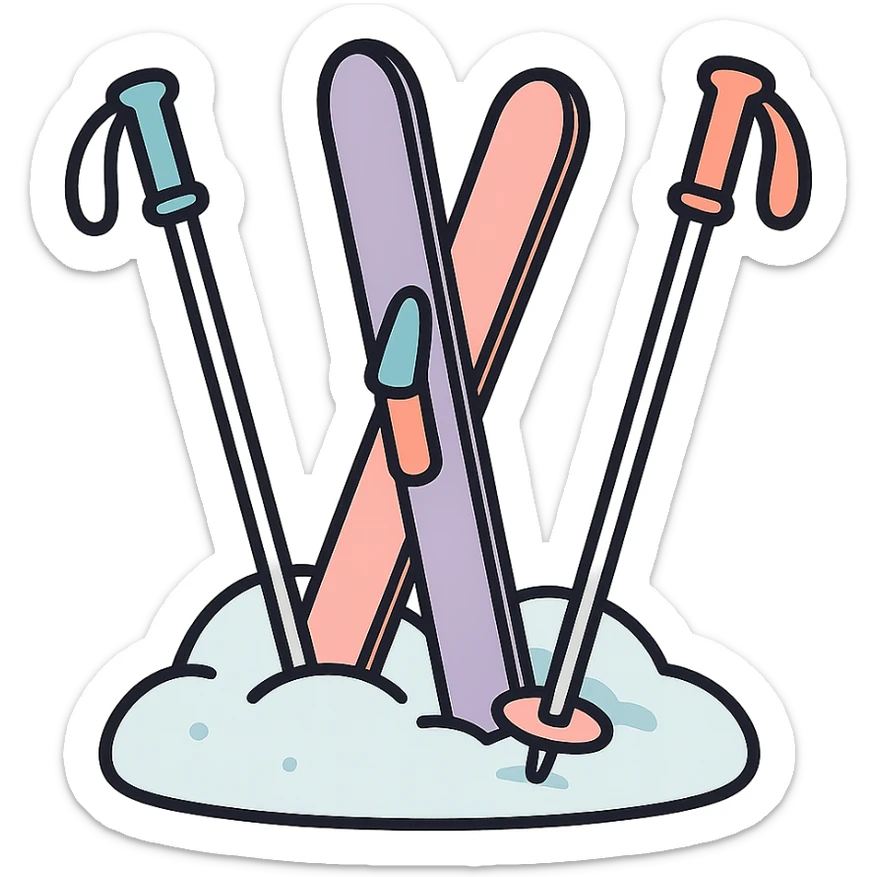 cross-country skis and poles on the sides, all stuck at different angles into a snowdrift, detailed shading, thin clean outlines, soft rounded features, pastel palette #98B5BC #B5B3C1 #C9A3C9 #E4C0CA #F7DCD1 #F7C0AA, Japanese pop art, sticker look, highly detailed, vector clarity, soft lighting, subtle shadows, transparent background sticker