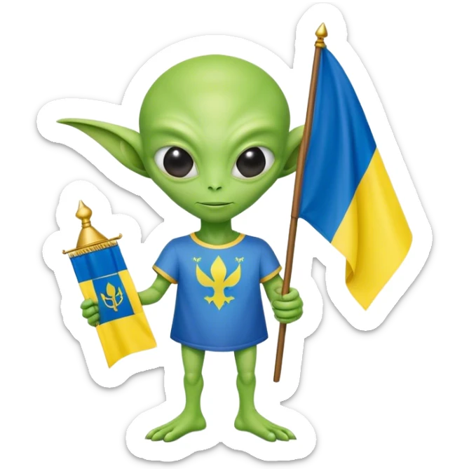 Green alien in Shirt 👚 with 🇺🇦 Ukraine flag in a hand and 🇷🇺 Russia flag sticker