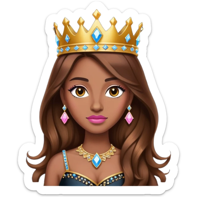Queen, brown long hair, golden crown encrusted with pink and blue diamonds, black dress sticker