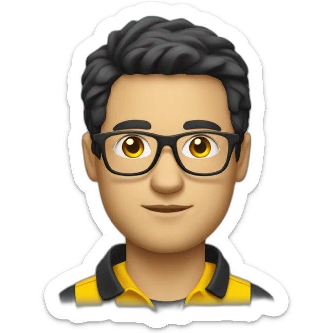 White man with yellow tinted glasses and black hair in a polo shirt sticker