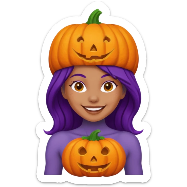A naked woman with bare chest wears a carved pumpkin on its head with purple skin sticker