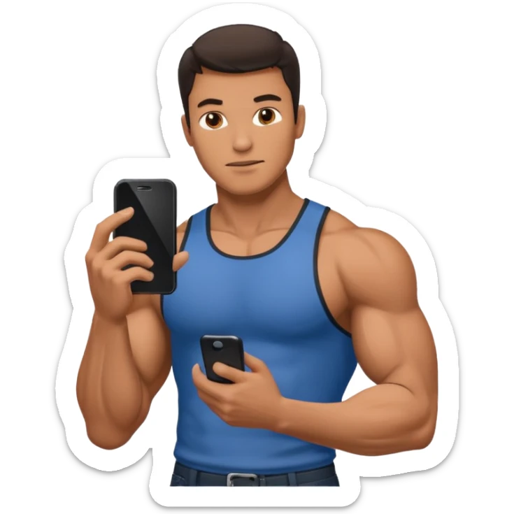 Mec musclé avec un téléphone dans les mains qui navigue sur so téléphone sticker