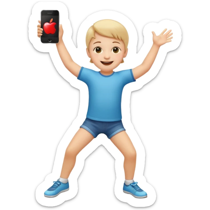 happy child dancing with a phone, arms and legs wide, apple style emoji sticker