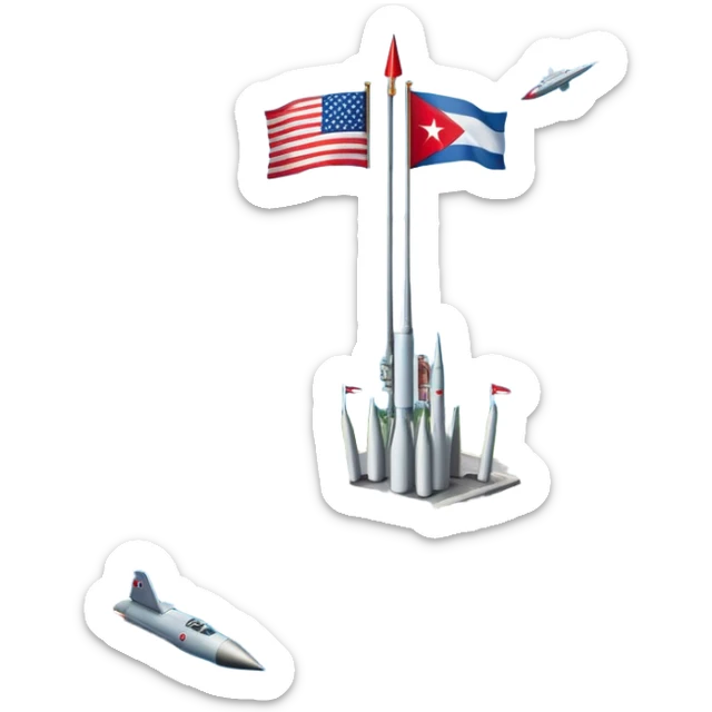 Cuba during the Cold War with Cuban island in the center, US and USSR flags on either side, missiles, tense atmosphere sticker