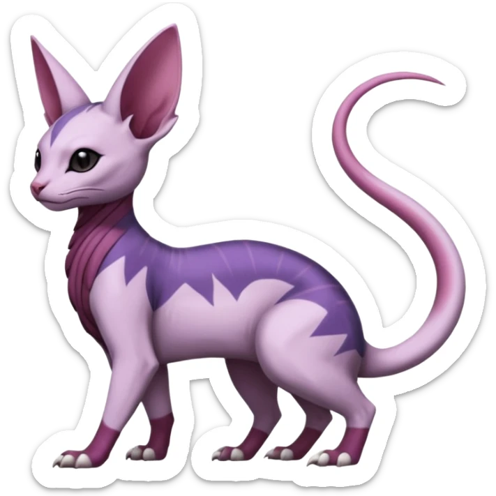Purple, white, black, Minccino-Nidoran-Sphynx-Lykoi-Linoone-Zangoose-fusion-hybrid-animal-Fakémon-creature, full body, thin long sleek scaly tail, intricate markings sticker