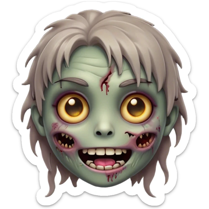 Cinematic Cute Zombie Portrait Emoji, with a delightfully quirky, slightly disheveled face in muted ashen hues, featuring quirky bright eyes and a playful, stitched-together smile, simplified yet irresistibly charming, highly detailed with a soft glowing outline that captures the adorable, offbeat spirit of a zombie who’s more cute than creepy! sticker