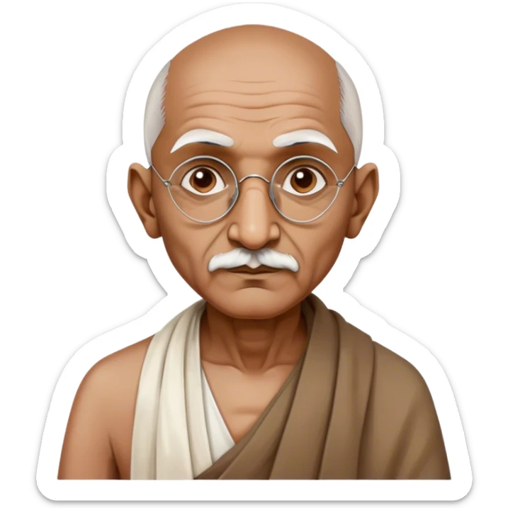 Cinematic Realistic Mahatma Gandhi Portrait Emoji, depicted as a humble, wise leader in simple attire with a serene determined expression, rendered with soft textures and warm natural lighting that captures his peaceful yet resolute spirit. sticker