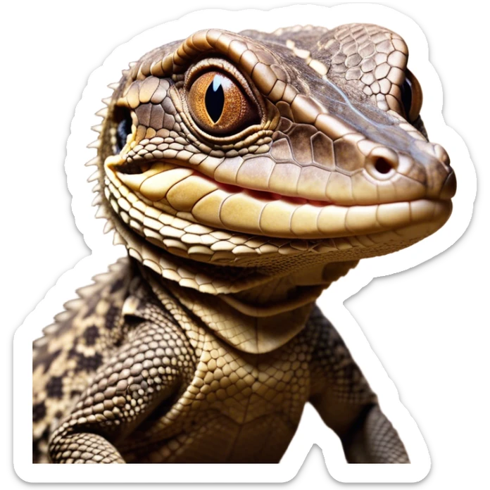 Cinematic Comical brown camo spotted monitor Lizard Portrait Emoji, Head tilted dramatically with an exaggeratedly shocked expression, featuring a robust, patterned body with wide, comically expressive eyes full of humorous disbelief, Simplified yet hilariously expressive features, highly detailed, glowing with a slightly sassy glow, high shine, dramatic yet playful, stylized with an air of quirky reptilian attitude, soft glowing outline, capturing the essence of a meme-worthy brown camo spotted monitor lizard that looks ready to side-eye its way into viral fame! sticker