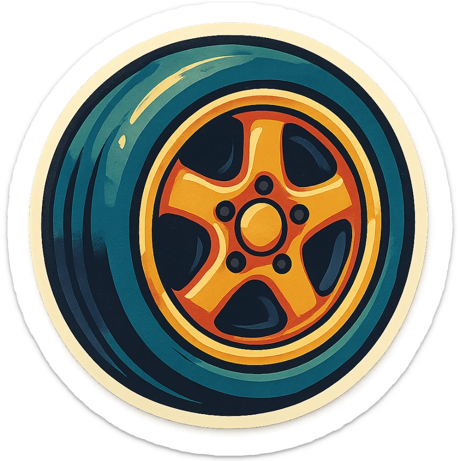 car wheel with bold outlines, vintage color palette, playful and nostalgic look sticker