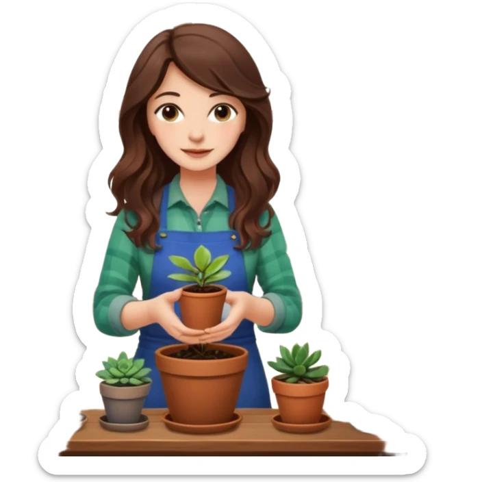 
Close-up of a woman with long, wavy brown hair planting a seedling in a pot. Surrounding her are plants and succulents with vibrant leaves and flowers. Sunlight filters through the window, casting soft shadows. A cozy interior space with gardening tools on a wooden table. sticker