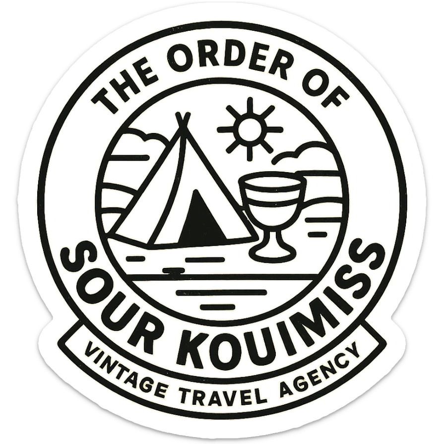 A black and white 90s-style logo for 'The Order of Sour Koumiss' with a vintage travel agency vibe, featuring a minimalist design sticker
