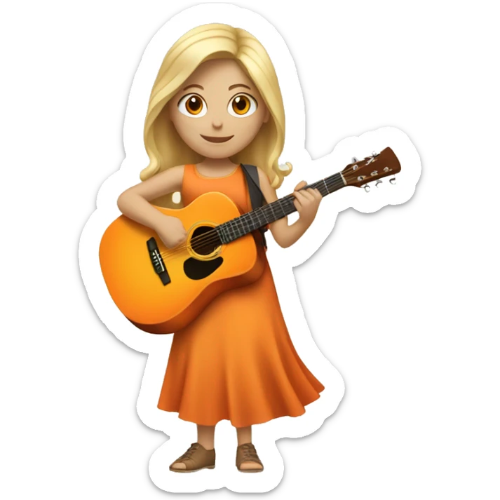 Blonde girl wearing an orange dress playing a beige acoustic guitar sticker