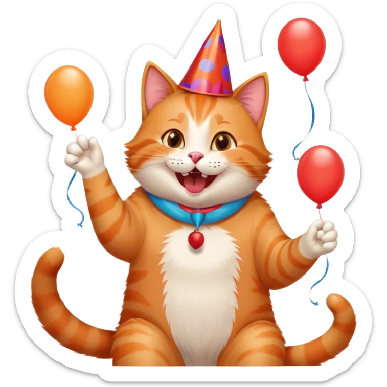 cat laughing with friends, surrounded by balloons and snacks, college party scene sticker