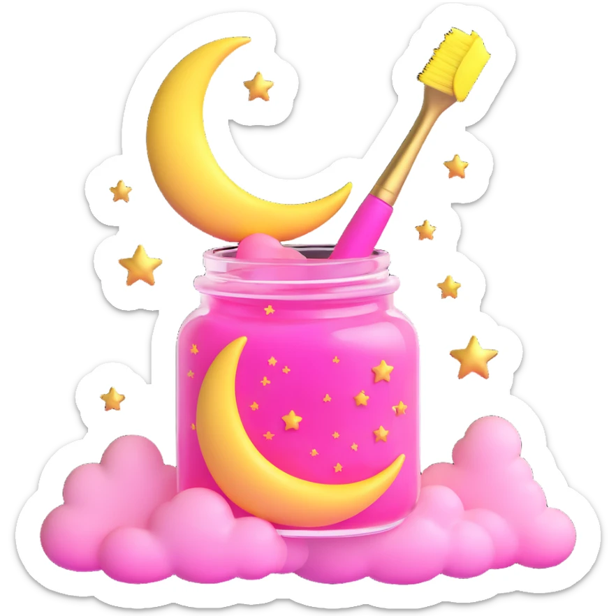A jar with a pink liquid, a yellow crescent moon, pink clouds, and golden stars, in 3D iOS style, with a white background, and a pink brush with a white tip. sticker