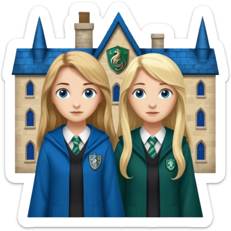 a pretty ravenclaw girl with long brown hair and blue eyes standing with a hot Slytherin girl with long blonde hair, blue eyes sticker