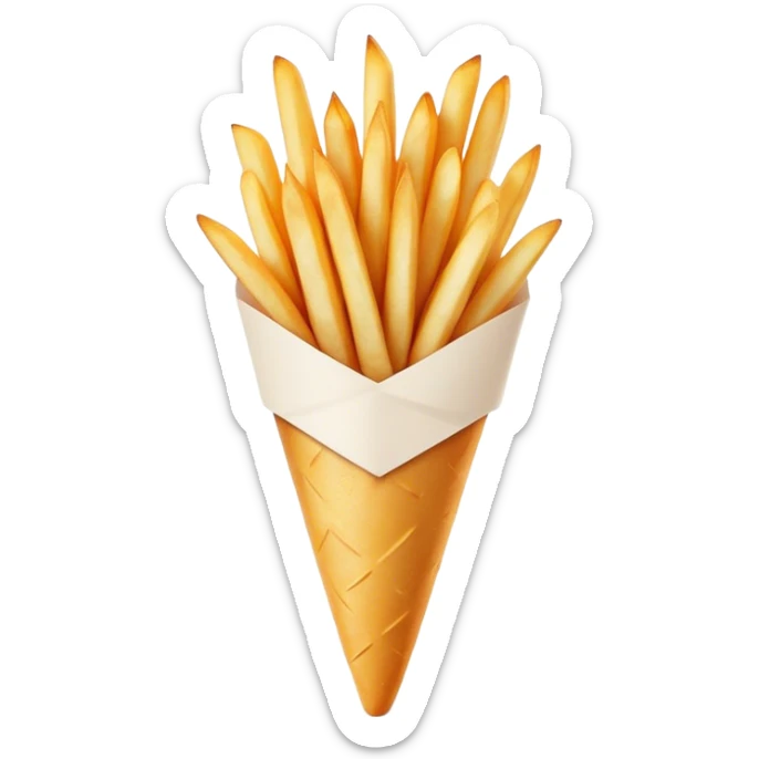 Belgian Fries Cinematic Realistic Belgian Fries Dish Emoji, depicted as a generous serving of crispy fries neatly presented in a white paper cone, rendered with vivid textures and appetizing, natural lighting. sticker
