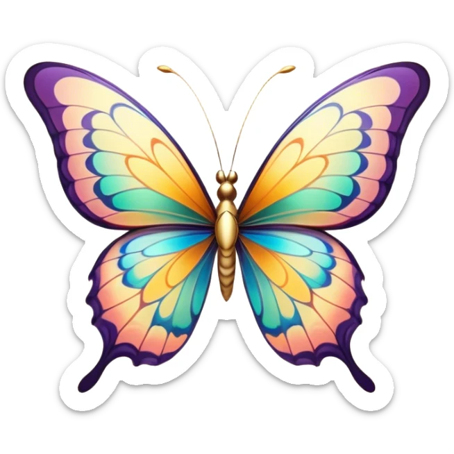 Cinematic Elegant Butterfly Portrait Emoji, Poised and ethereal, with delicate, intricately patterned wings in a kaleidoscope of soft, vibrant colors, a slender, graceful body, and gentle, observant eyes, Simplified yet exquisitely delicate features, highly detailed, glowing with a soft, radiant luminescence, high shine, intelligent and enchanting, stylized with an air of whimsical floral elegance, focused and poised, soft glowing outline, capturing the essence of a watchful butterfly that appears ready to flutter out of the screen with magical grace! sticker