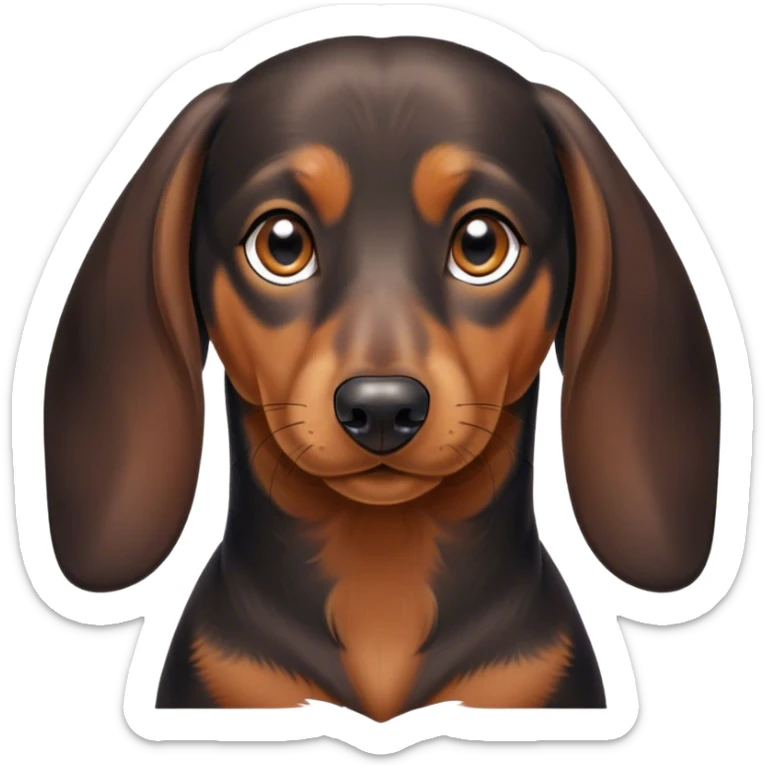 Cinematic Noble blablack and tanck and tan Dachshund Portrait Emoji, Poised and regal, with a long, low-slung build and a smooth, well-groomed black and tan coat, deep-set soulful brown eyes, Simplified yet sharp and sophisticated features, highly detailed, glowing with a soft, dignified glow, high shine, intelligent and determined, stylized with an air of charm, focused and attentive, soft glowing outline, capturing the essence of a watchful and confident companion, so majestic it feels as though it could slide out of the screen with effortless authority! sticker