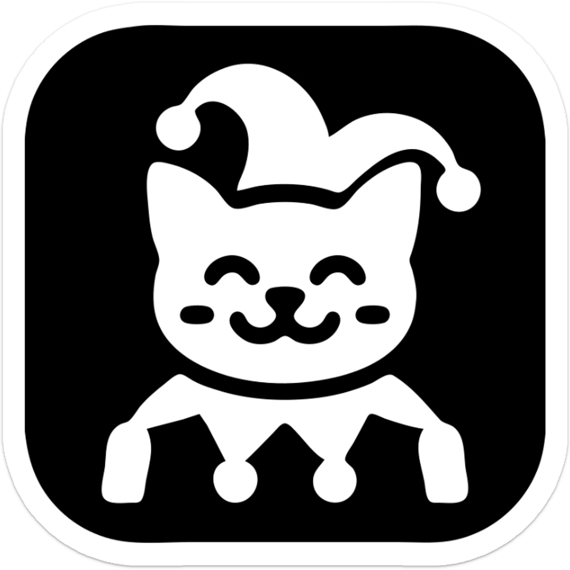 crazy colorful cute little cat jolly joker from poker, medieval, vintage, court jester, mac os icon, purple, gold and red color, head + torso. Squared shape as 3D mac os icon, symmetrical sticker