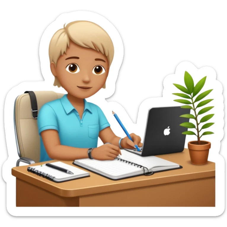 DE VACACIONES y detrás un escritorio moderno, con una notebook, una agenda y una planta con una flor sticker