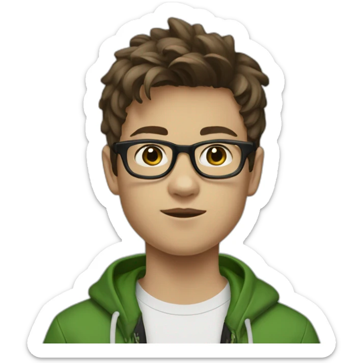 A 13 year old boy with brown hair and black square glasses standing and wearing baggy jeans and white sneakers and a green sweatshirt sticker