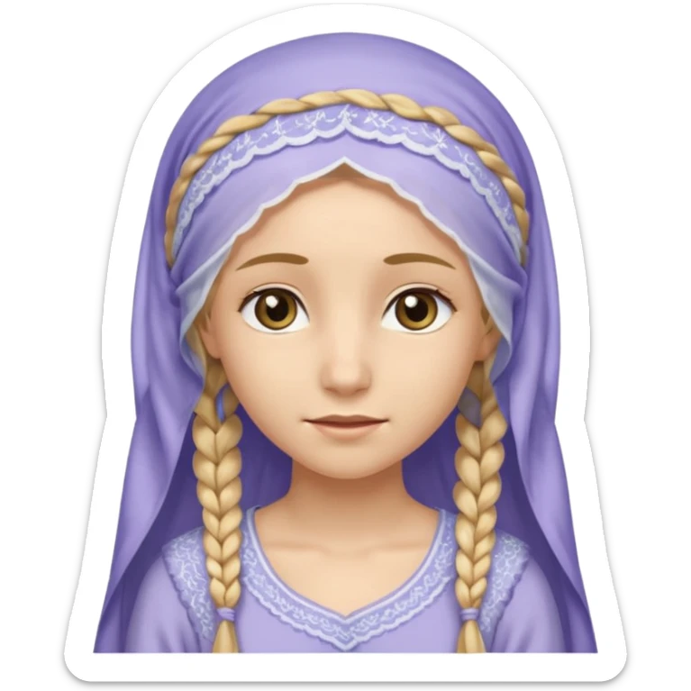 
mujer, Joven, de aspecto dulce y elegante.
Piel clara, ojos grandes y expresivos, sonrisa triste.
Rubio o castaño claro, largo, con trenzas o velo.
Vestido largo de tonos suaves (blanco, azul o lavanda), con bordados dorados; toca fina cubriendo la cabeza
 sticker