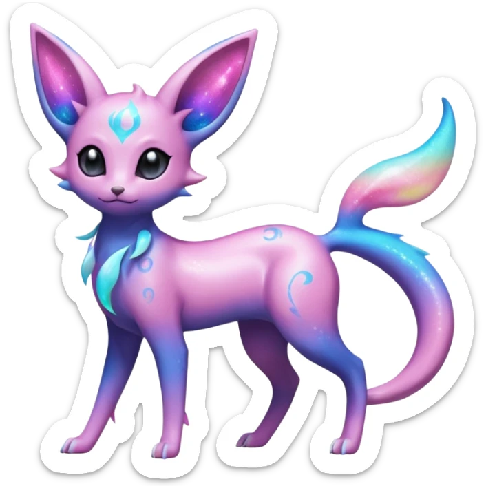Shiny Iridescent Nebulae Espeon-Umbreon-Sylveon-Dragonair-Fakémon-hybrid-creature (full body)  with a galaxy-dust-flowing-gradient-tail sticker