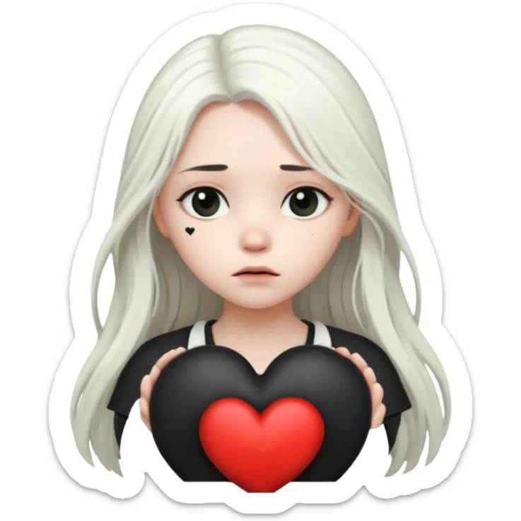 A girl with long white hair is sad and holds a black heart in her hands sticker