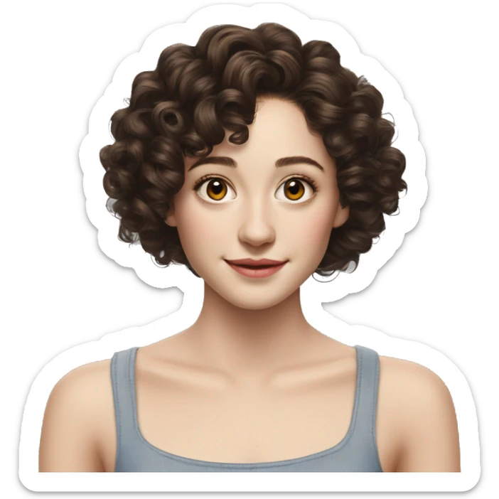Emmy Rossum Teenager long dark brown curly hair, hyperreal photoreal sticker