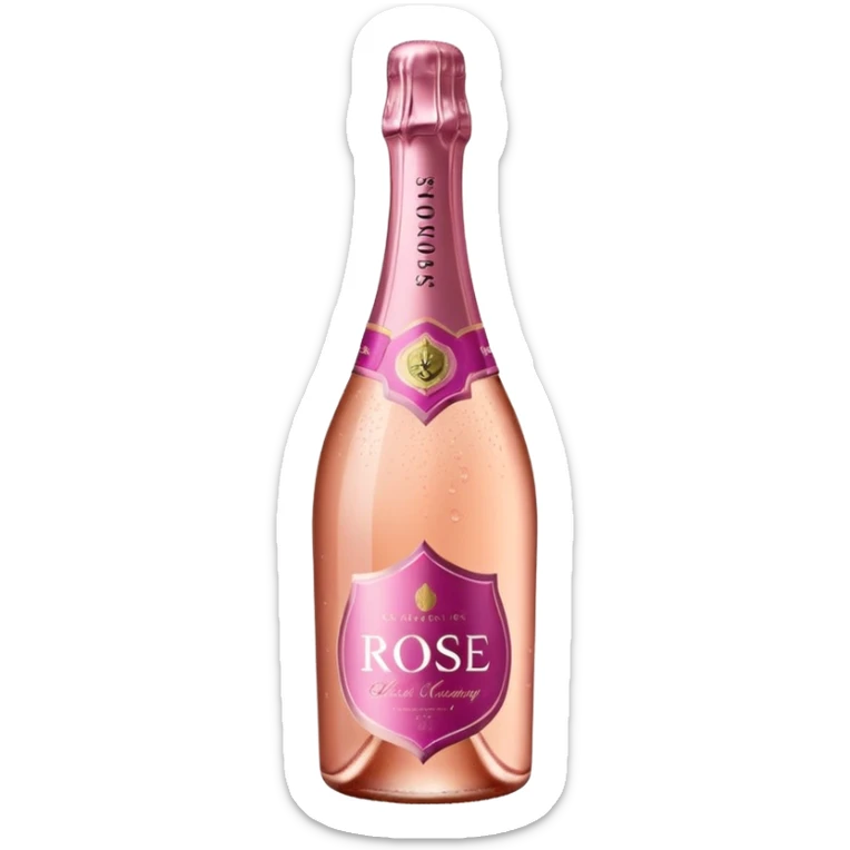 bottle of sparkling rosé champagne with a rose logo on the label, tilted up and to the right, no glass sticker