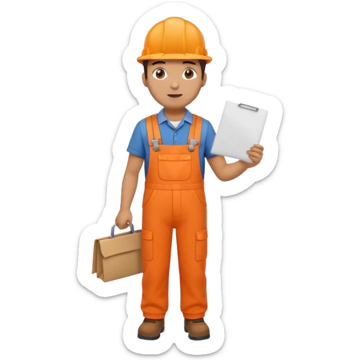 railway engineer full body in orange overalls, carrying a piece of paper in front of him sticker