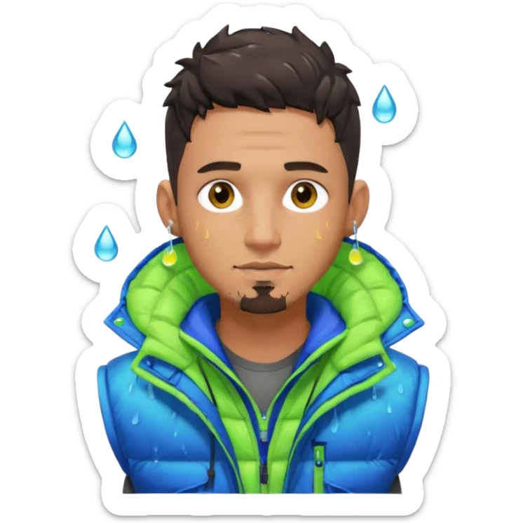 Cyberpunk street adult, hispanic, male, messy undercut, puffer vest over hoodie, glowing earpiece, light stubble, brown eyes, neon reflections, raindrops, dark background. sticker