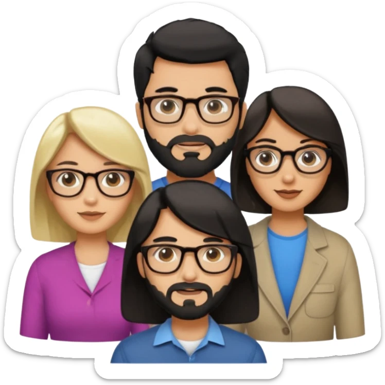 A man with hair and glasses a woman with long brown hair a man with a beard and a woman with a blonde bob sticker