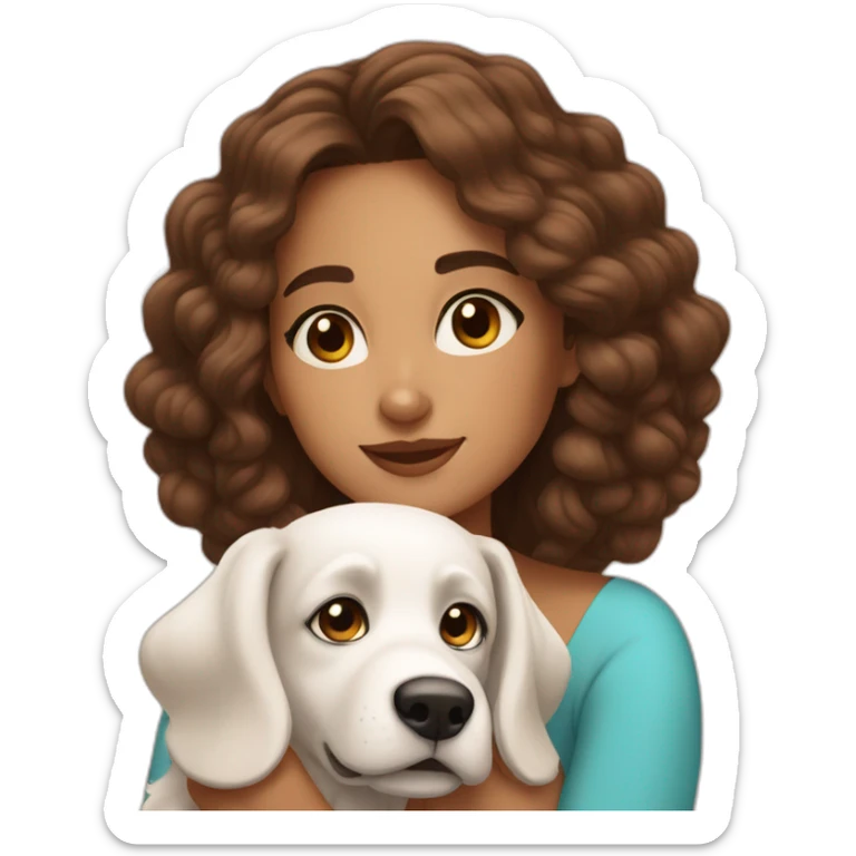 young moroccan woman with brown eyes long curling hair and à white dog on her lap sticker