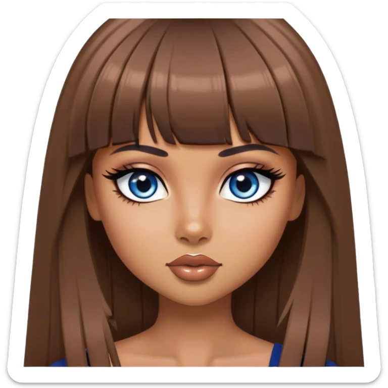 , tan skin, bangs long straight brown hair, dark blue eyes, black eyeliner, pretty bratz baddie sticker