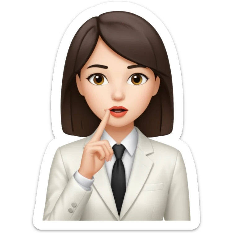 brunette girl wearing a white suit, with straight hair, making a "be quiet" gesture sticker