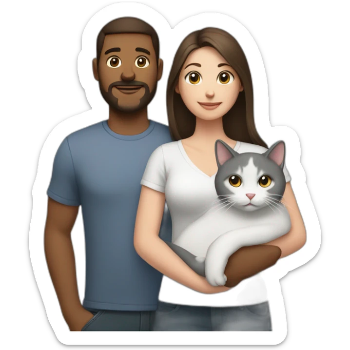 white brun man and brunette woman with a fat gray cat in their arms sticker