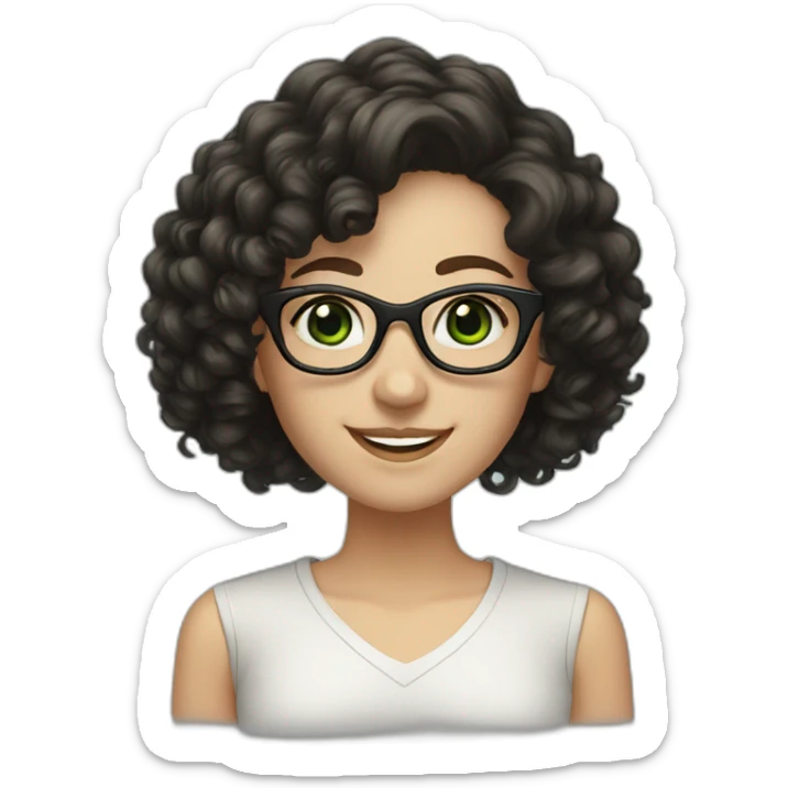 white girl with black long curly hair and green eyes smiling and big rectangle glasses sticker
