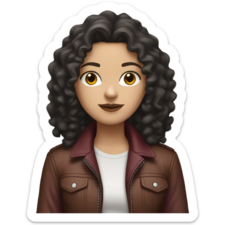 long black curly hair white girl wearing a brown tshirt and a light burgundy biker jacket sticker