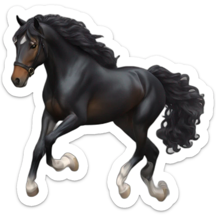 a  JET BLACK HORSE JUMPING AN OBTACLE, tHE HORSES RIDER IS A YOUNG FEMALE WITH LONG CURLY BRUNNET HAIR OF A REDDISH HUE sticker