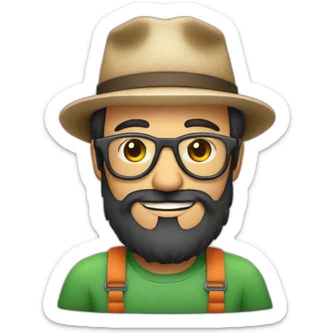 happy gardener face long dark beard and short dark hair with little round glasses and a hat sticker