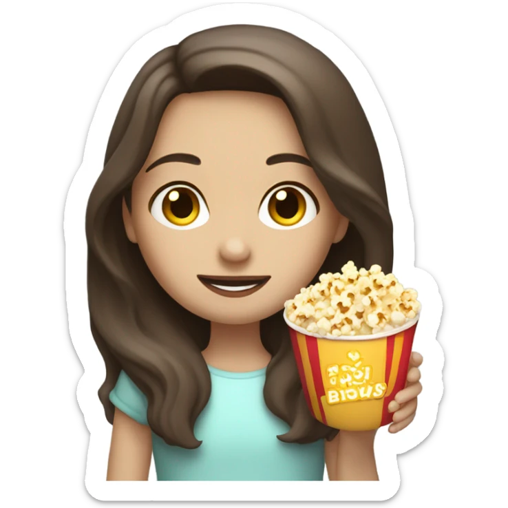 Girl with white skin and long brown hair, eating popcorn sticker